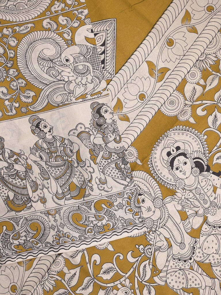 Kalamkari cotton saree in white and yellow color with contrast pallu and matching blouse