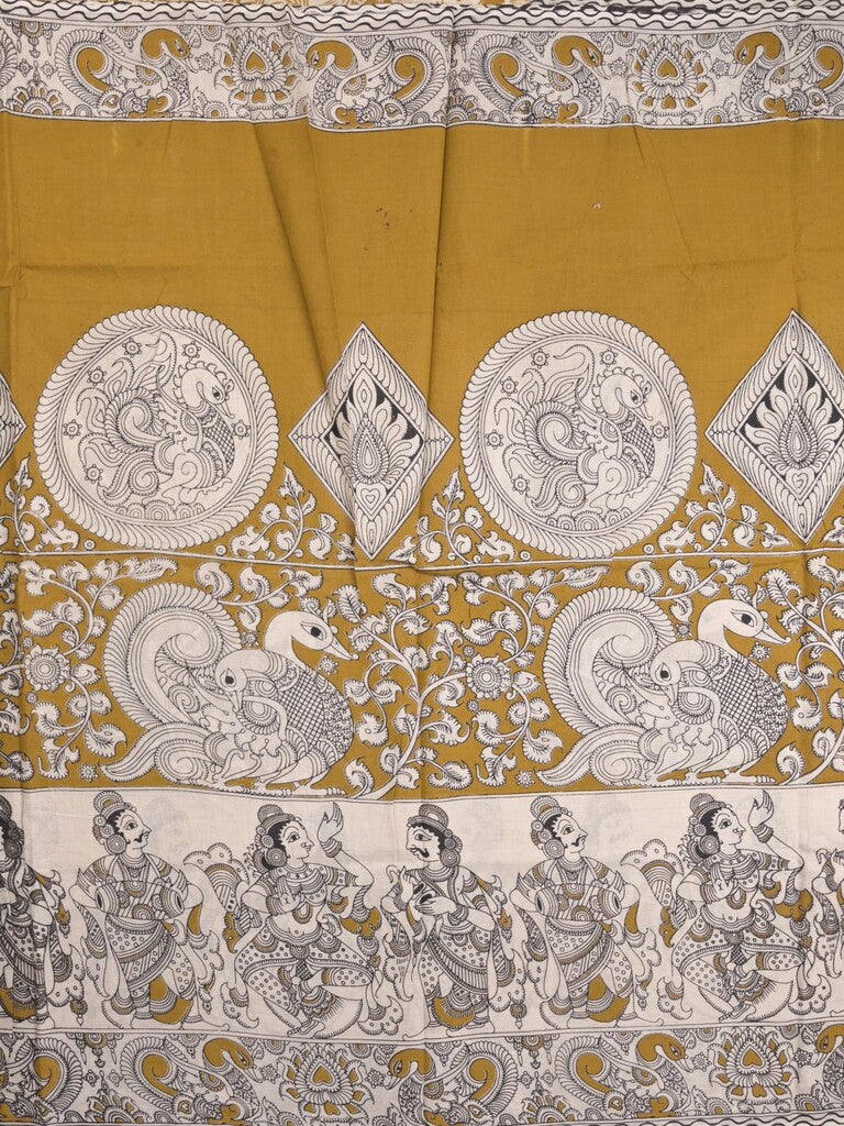 Kalamkari cotton saree in white and yellow color with contrast pallu and matching blouse