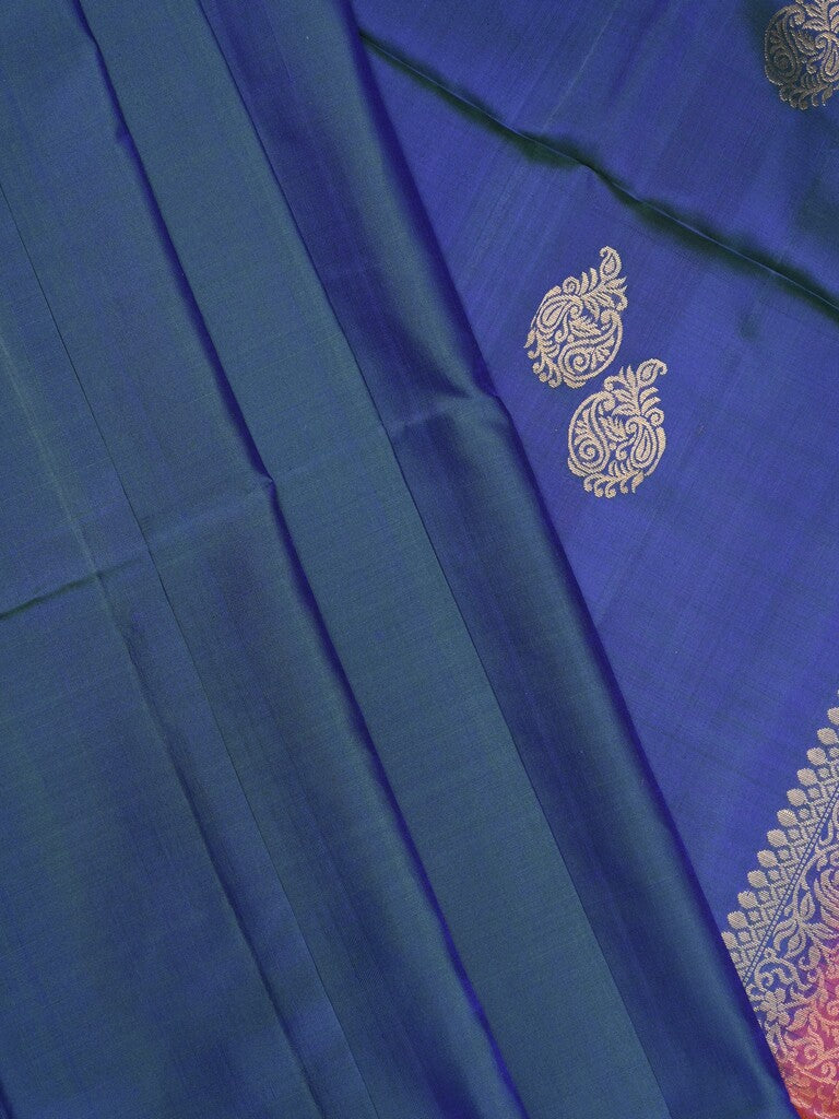 Kanchi pattu saree navy blue color allover zari motifs & zari border with rich pallu and contrast plain blouse