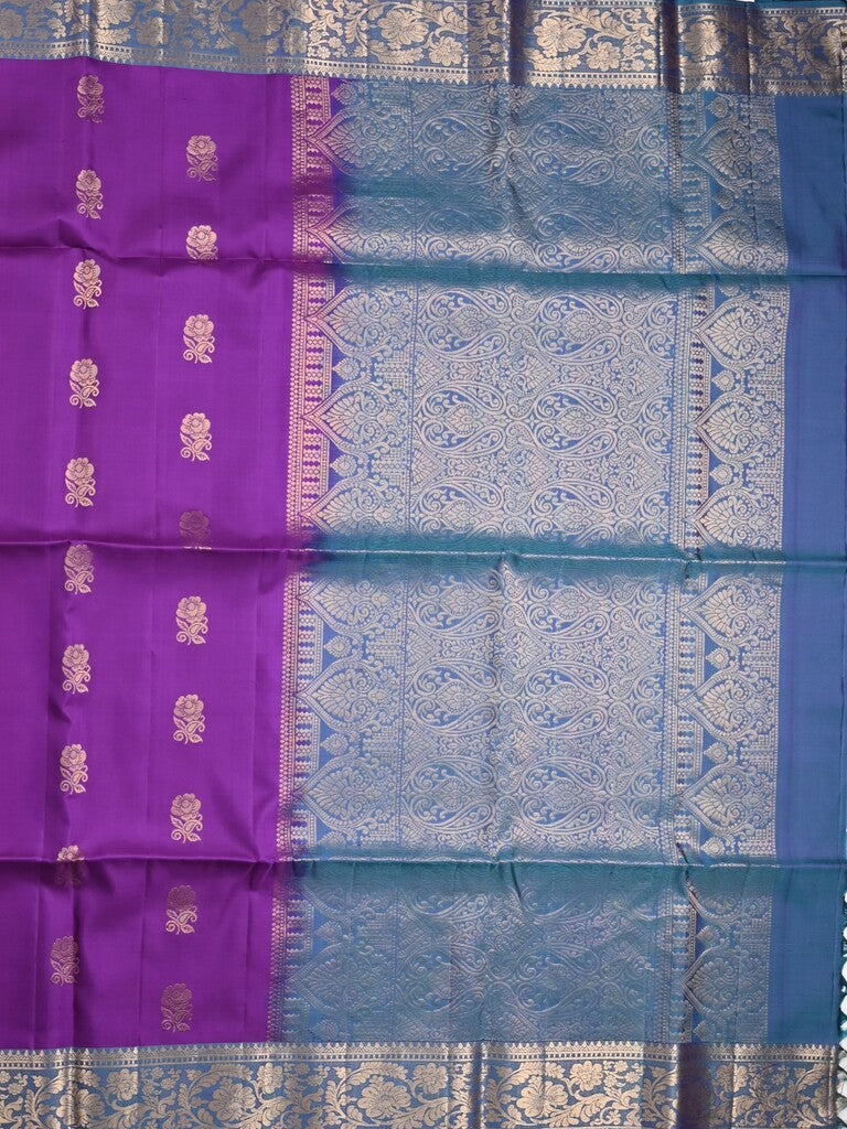Kanchi pattu saree dark purple color allover zari motifs & zari border with rich pallu and contrast plain blouse