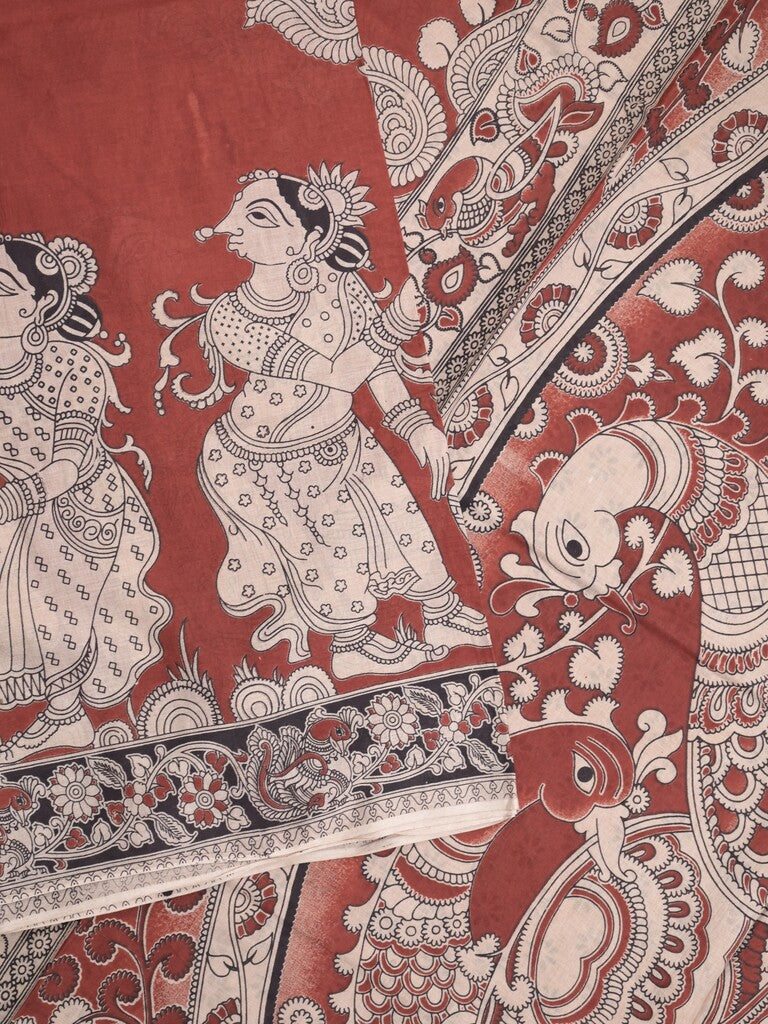 Kalamkari cotton saree in red color with contrast pallu and matching blouse