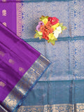 Kanchi pattu saree dark purple color allover zari motifs & zari border with rich pallu and contrast plain blouse