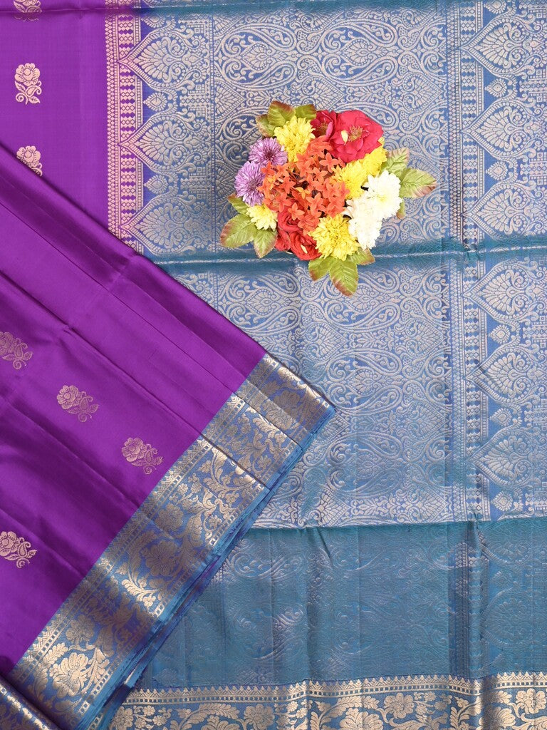Kanchi pattu saree dark purple color allover zari motifs & zari border with rich pallu and contrast plain blouse