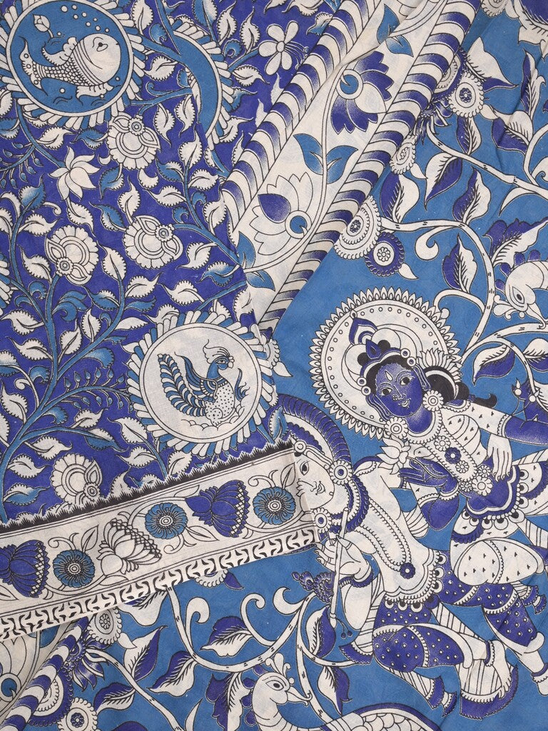 Kalamkari cotton saree in royal blue color with contrast pallu and matching blouse