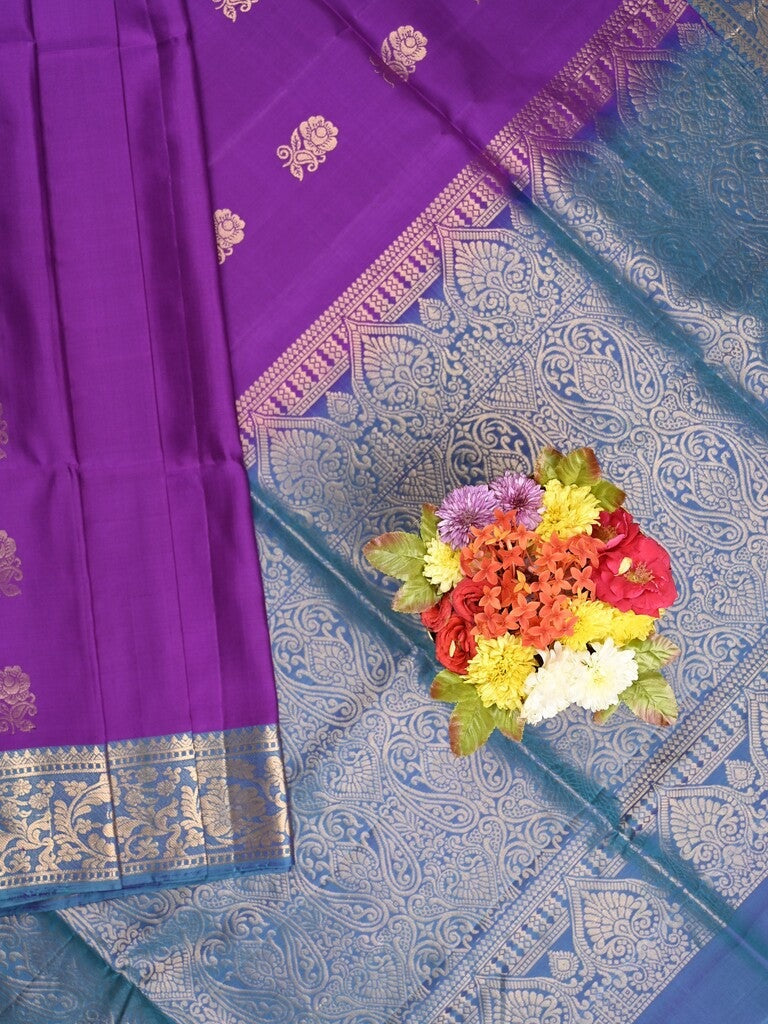 Kanchi pattu saree dark purple color allover zari motifs & zari border with rich pallu and contrast plain blouse