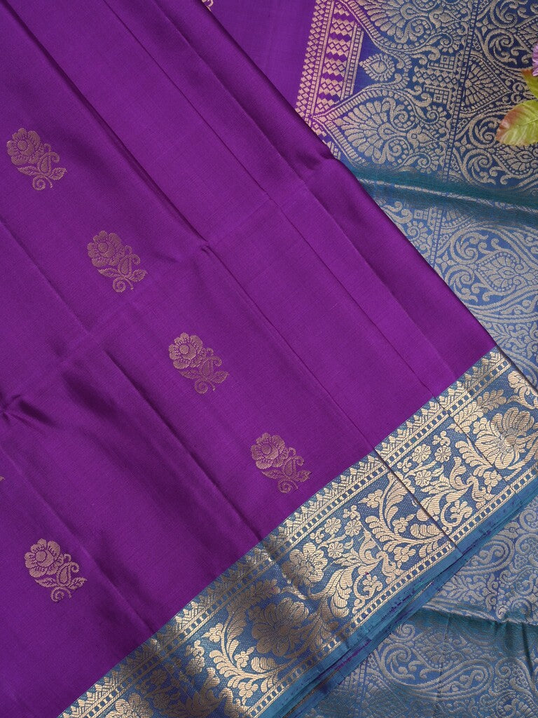 Kanchi pattu saree dark purple color allover zari motifs & zari border with rich pallu and contrast plain blouse