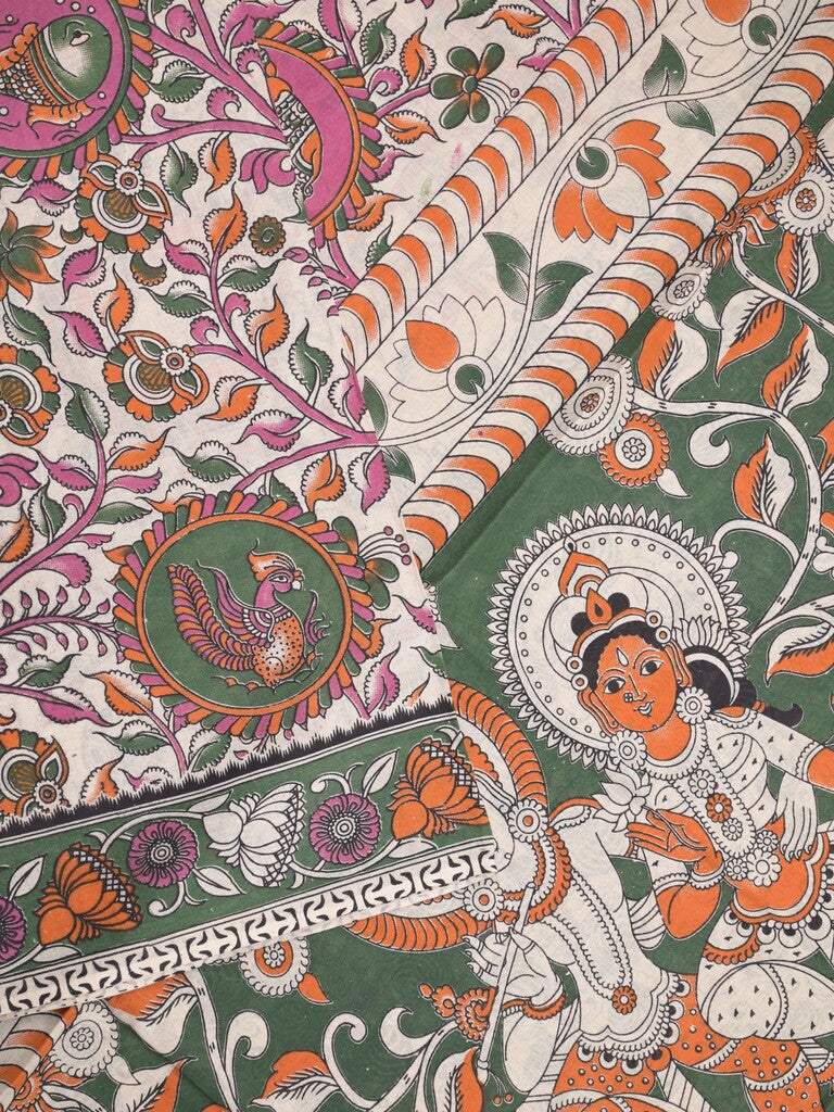 Kalamkari cotton saree in white color with contrast pallu and matching blouse