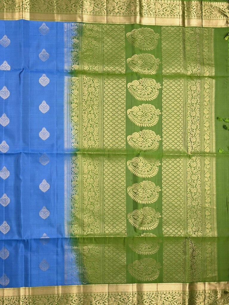 Kanchi pattu saree blue color allover zari motifs & zari border with rich pallu and contrast plain blouse