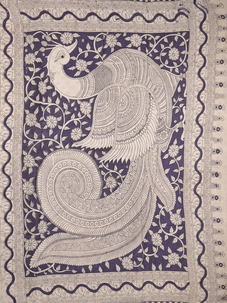 Kalamkari cotton saree in white color with contrast pallu and matching blouse