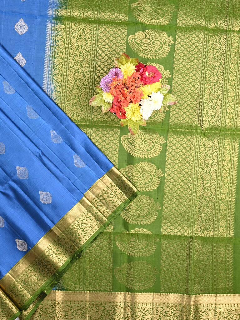Kanchi pattu saree blue color allover zari motifs & zari border with rich pallu and contrast plain blouse
