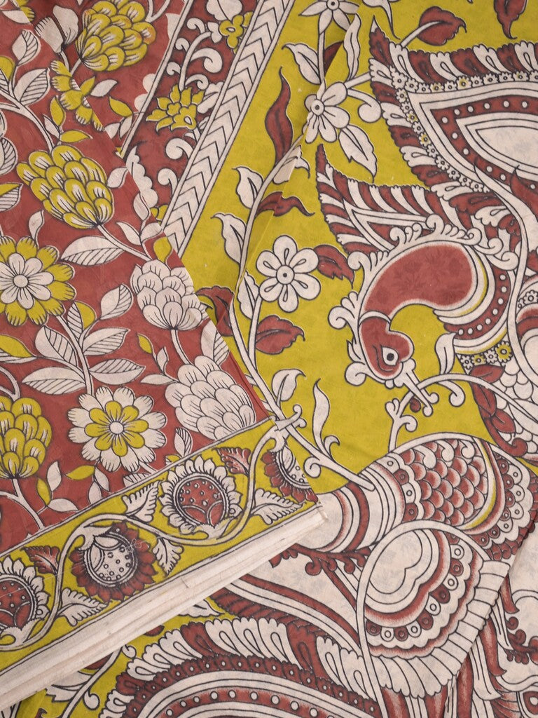 Kalamkari cotton saree in maroon color with contrast pallu and matching blouse