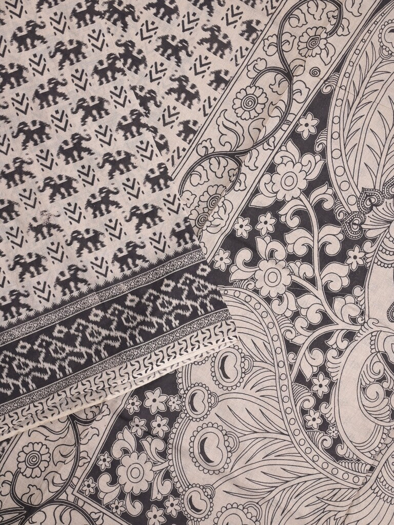 Kalamkari cotton saree in white color with contrast pallu and matching blouse