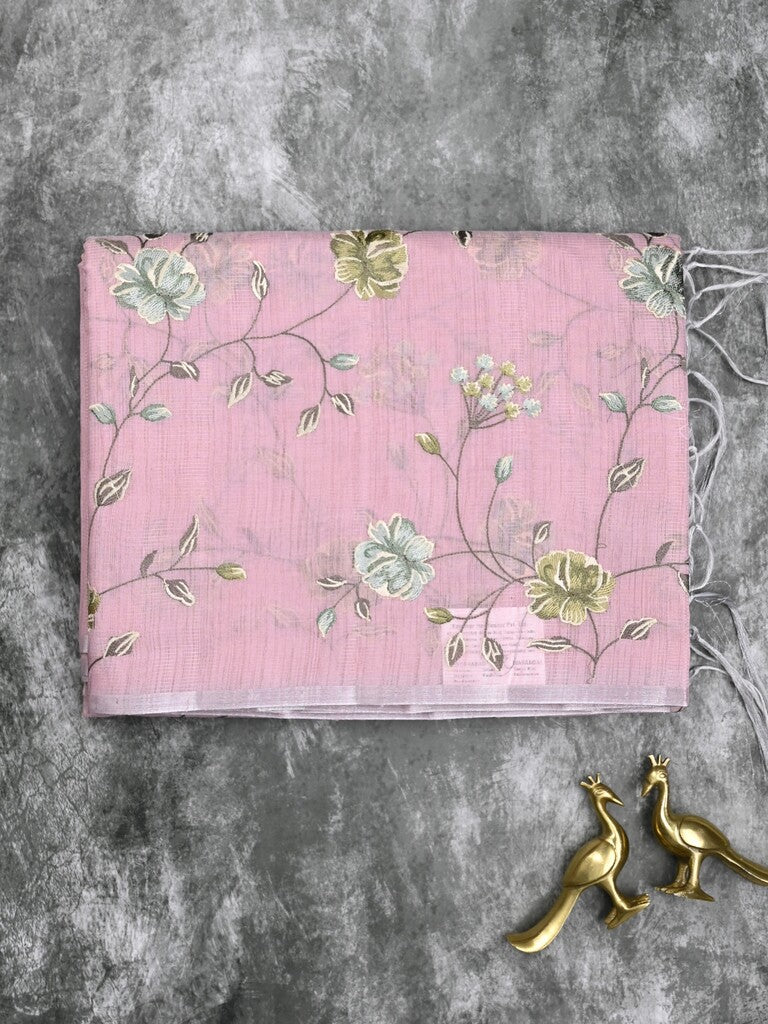 Kota fancy saree light purple color allover embroidery with striped pallu plain attached plain blouse