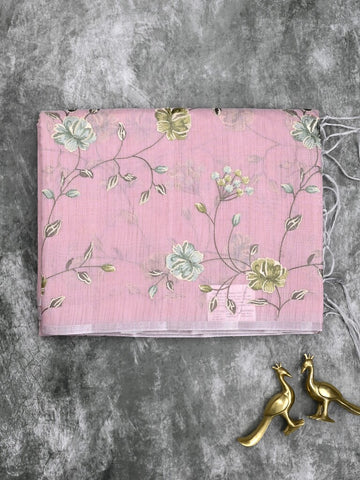 Kota fancy saree light purple color allover embroidery with striped pallu plain attached plain blouse