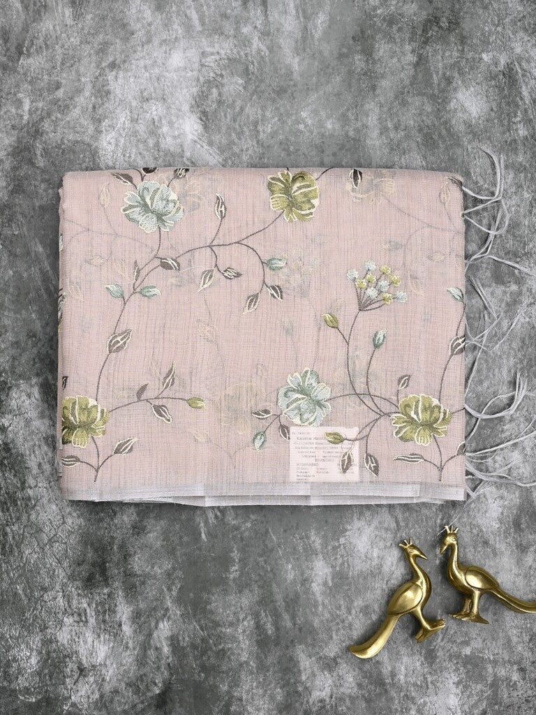 Kota fancy saree pastel peach color allover embroidery with striped pallu plain attached plain blouse