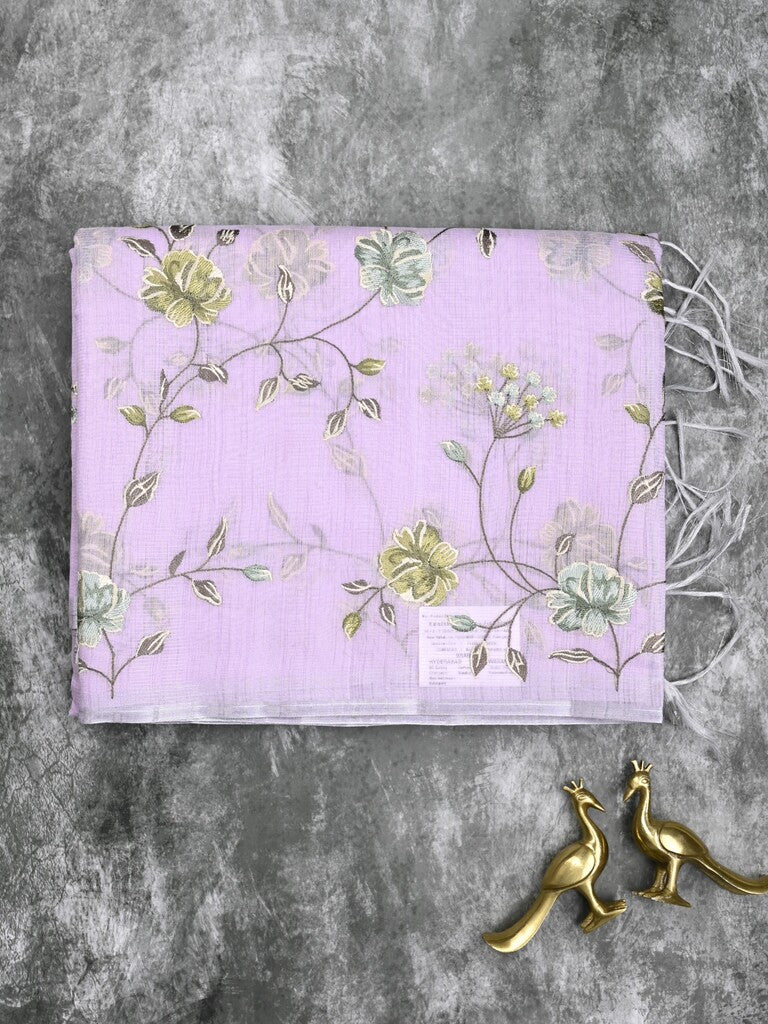 Kota fancy saree light lavender color allover embroidery with striped pallu plain attached plain blouse