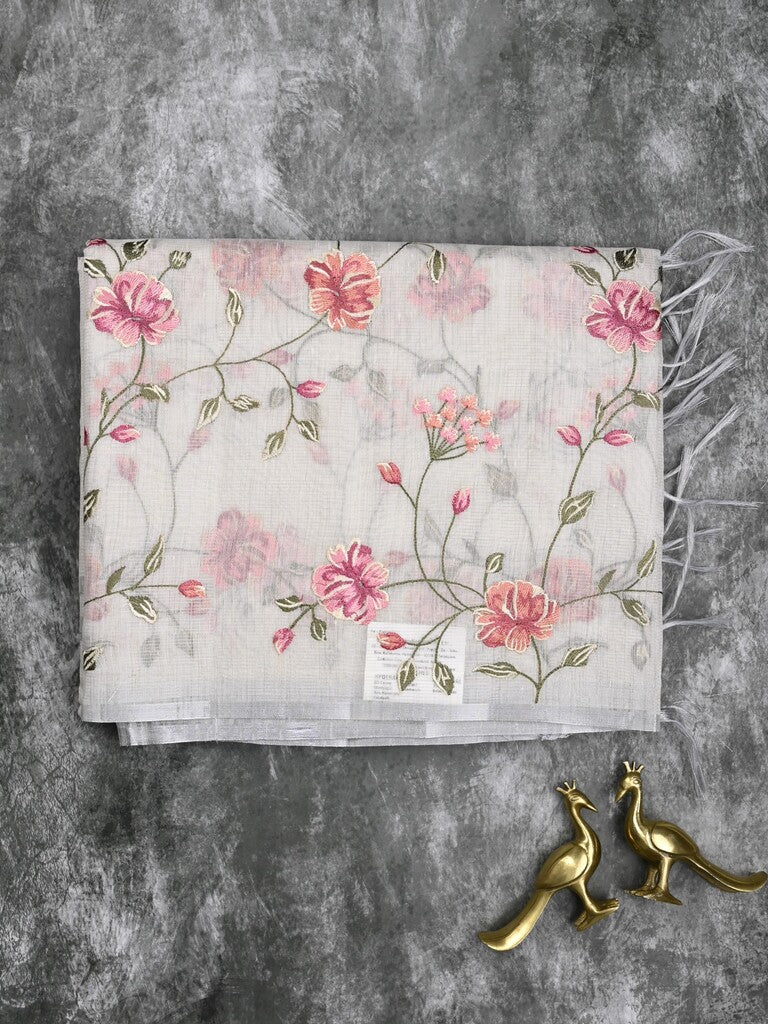 Kota fancy saree white color allover embroidery with striped pallu plain attached plain blouse