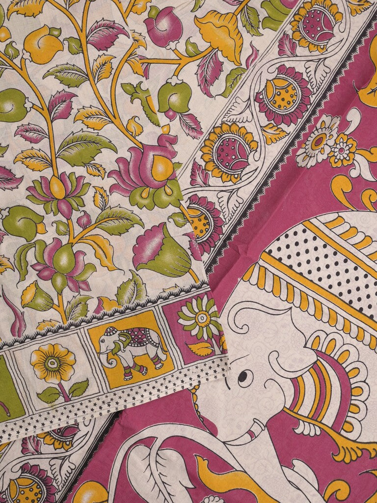Kalamkari cotton saree in white color with contrast pallu and matching blouse