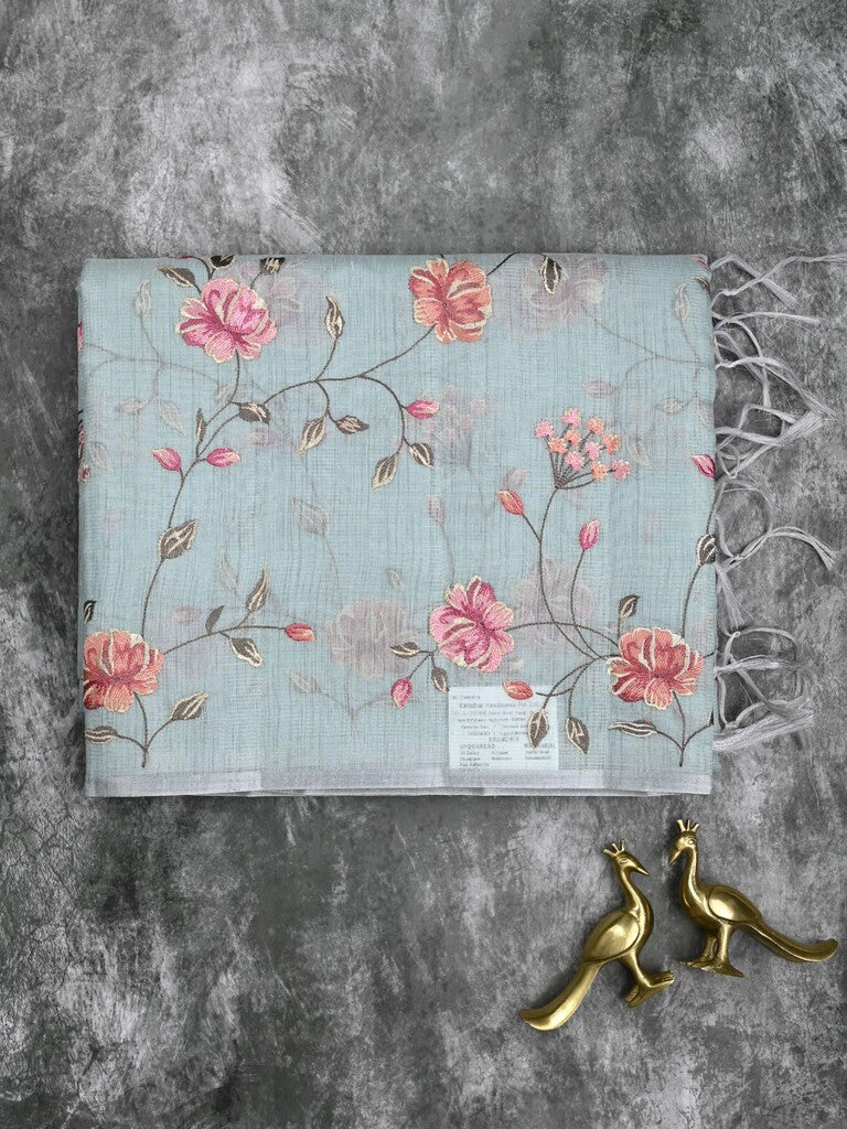 Kota fancy saree light blue color allover embroidery with striped pallu plain attached plain blouse