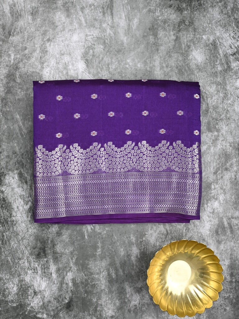 Raw mango fancy saree dark blue color allover zari motifs & zari border with zari pallu and attached self blouse