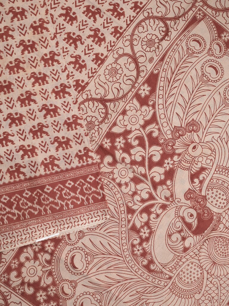 Kalamkari cotton saree in half white color with contrast pallu and matching blouse