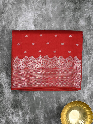 Raw mango fancy saree red color allover zari motifs & zari border with zari pallu and attached self blouse