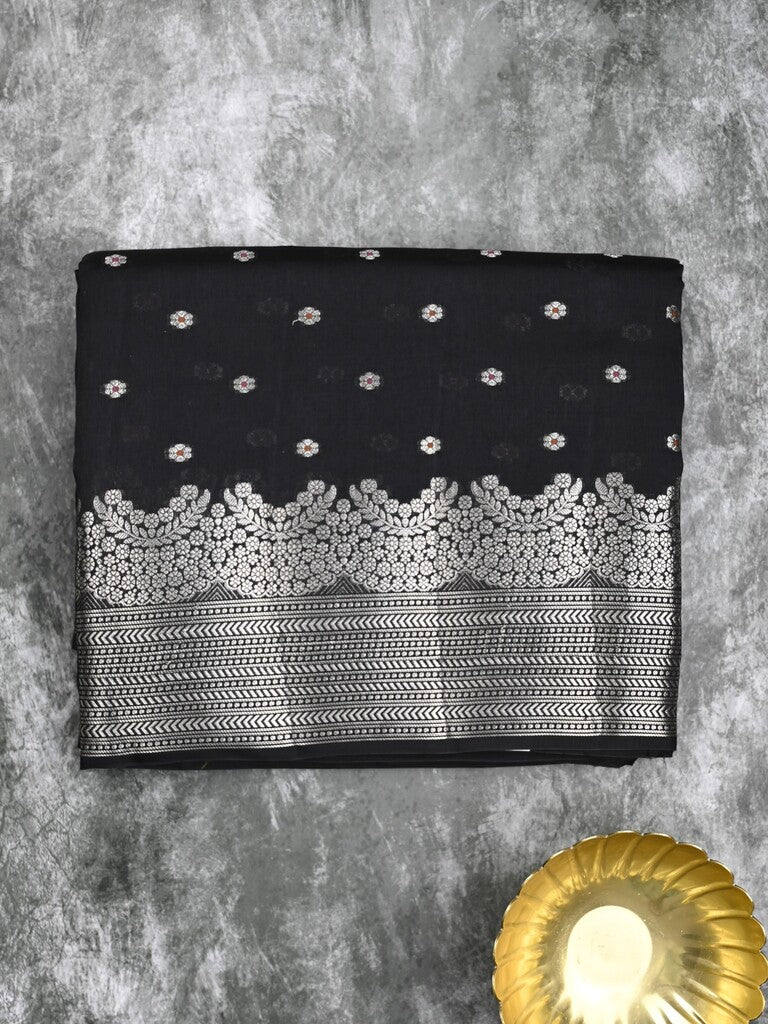 Raw mango fancy saree black color allover zari motifs & zari border with zari pallu and attached self blouse