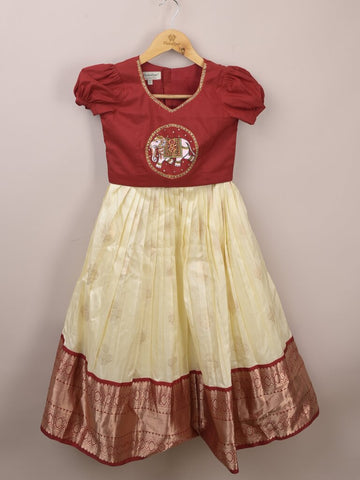 Designer pattu lehengas for girls | cream & red | party wear & festive wear | 8-9 years