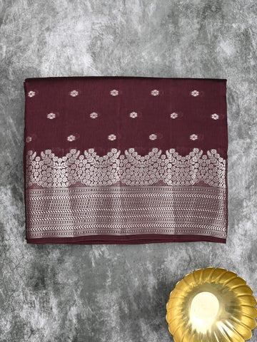 Raw mango fancy saree dark maroon color allover zari motifs & zari border with zari pallu and attached self blouse