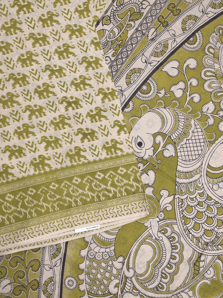 Kalamkari cotton saree in half white color with contrast pallu and matching blouse