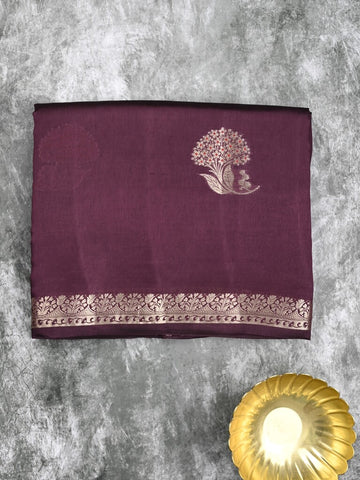 Raw mango fancy saree dark wine color allover zari motifs & zari border with zari pallu and attached self blouse