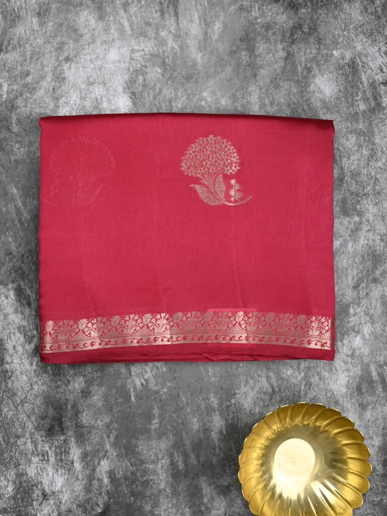 Raw mango fancy saree dark pink color allover zari motifs & zari border with zari pallu and attached self blouse
