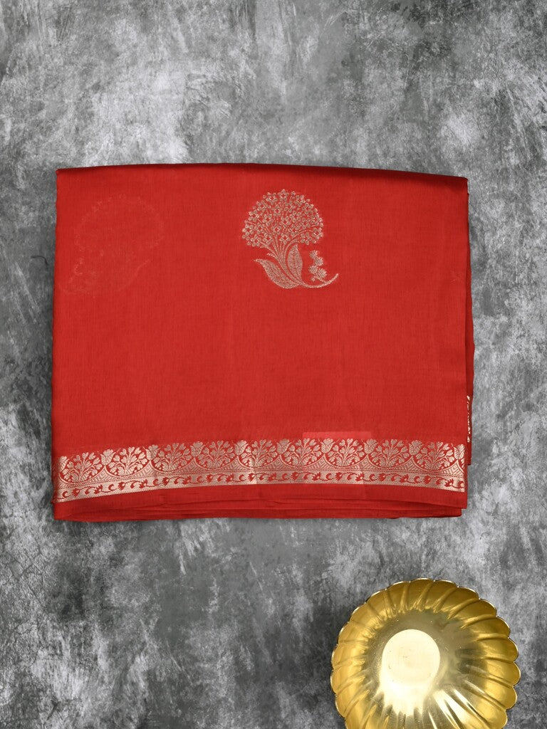 Raw mango fancy saree red color allover zari motifs & zari border with zari pallu and attached self blouse