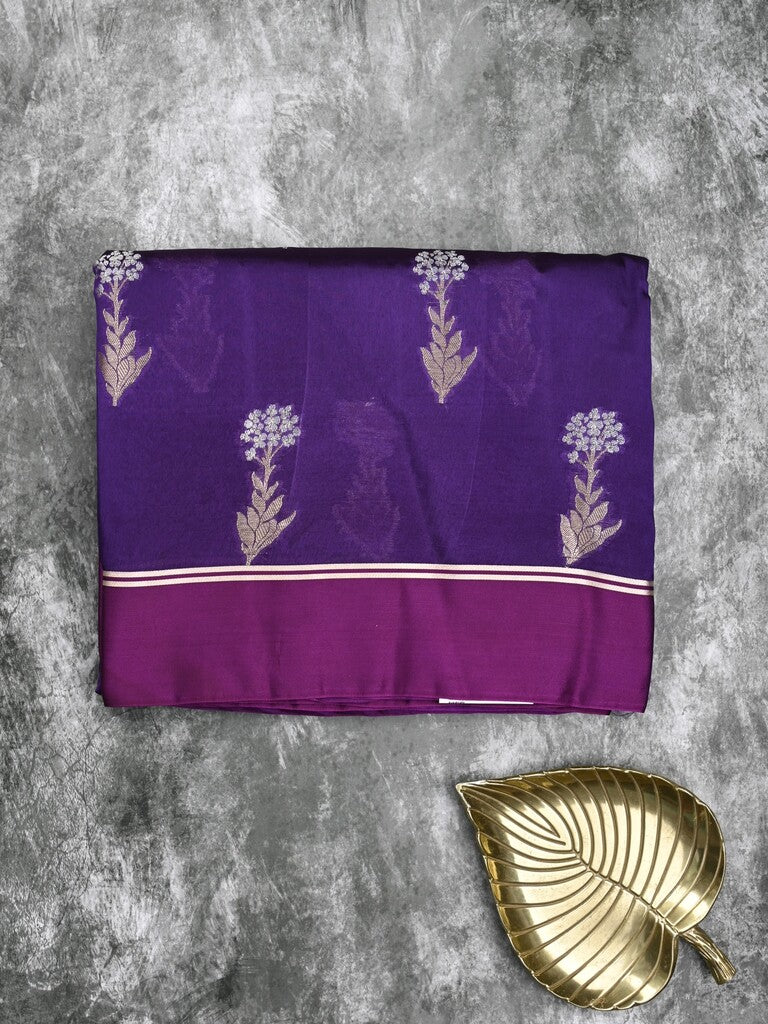 Raw mango fancy saree dark blue color allover zari motifs & zari border with zari pallu and attached self blouse