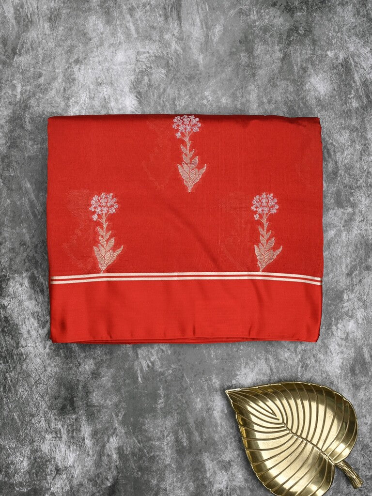 Raw mango fancy saree red color allover zari motifs & zari border with zari pallu and attached self blouse