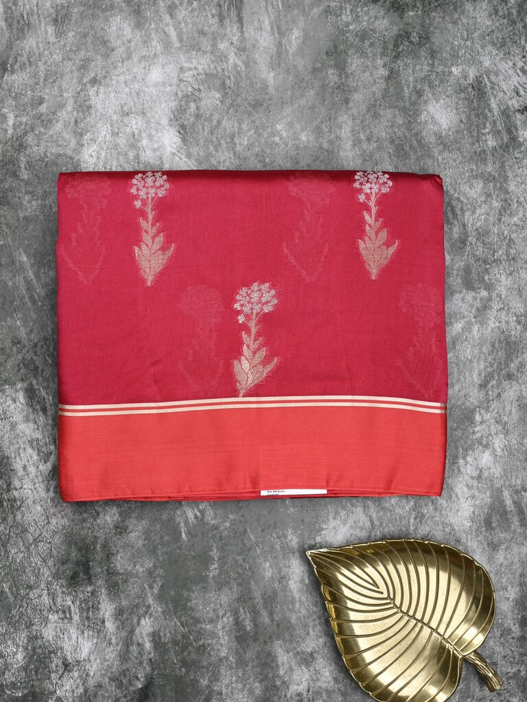 Raw mango fancy saree dark pink color allover zari motifs & zari border with zari pallu and attached self blouse