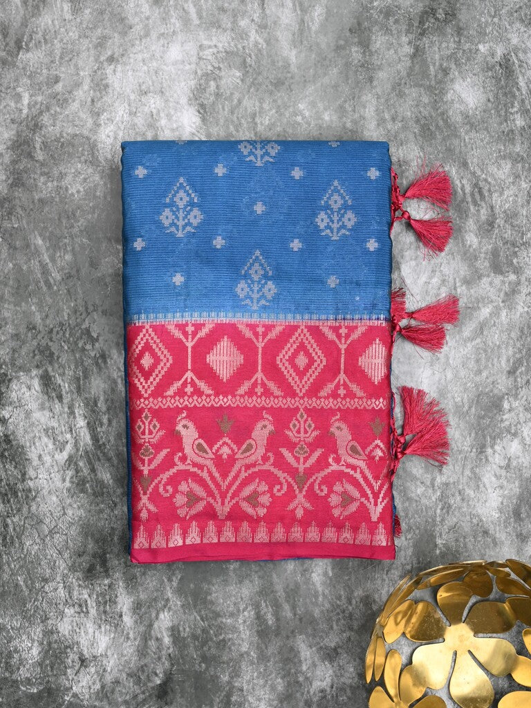 Mangalagiri fancy saree blue color allover zari weaves & zari border with contrast pallu and brocade blouse