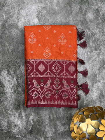 Mangalagiri fancy saree orange color allover zari weaves & zari border with contrast pallu and brocade blouse