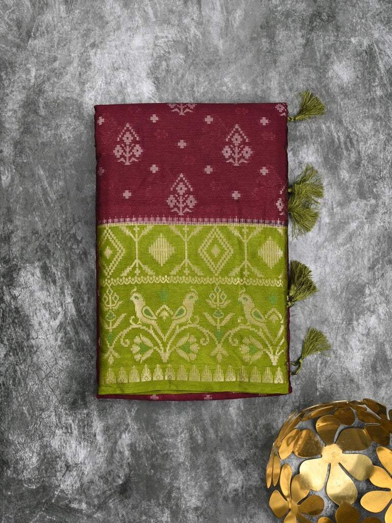 Mangalagiri fancy saree dark wine color allover zari weaves & zari border with contrast pallu and brocade blouse