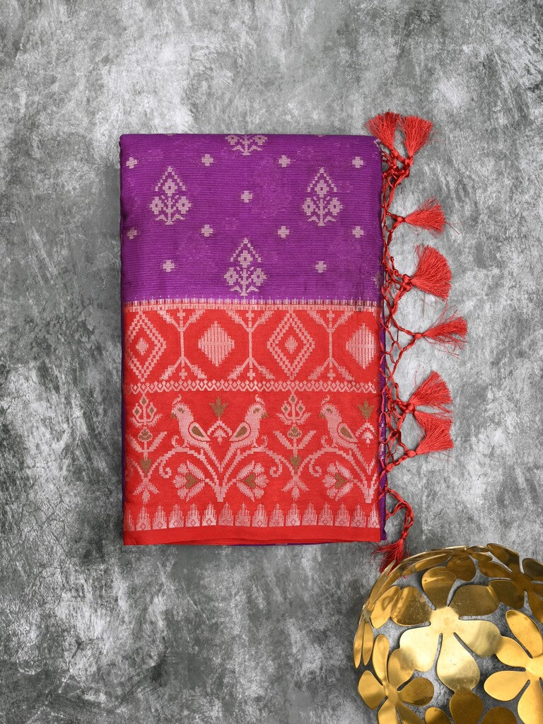 Mangalagiri fancy saree dark purple color allover zari weaves & zari border with contrast pallu and brocade blouse