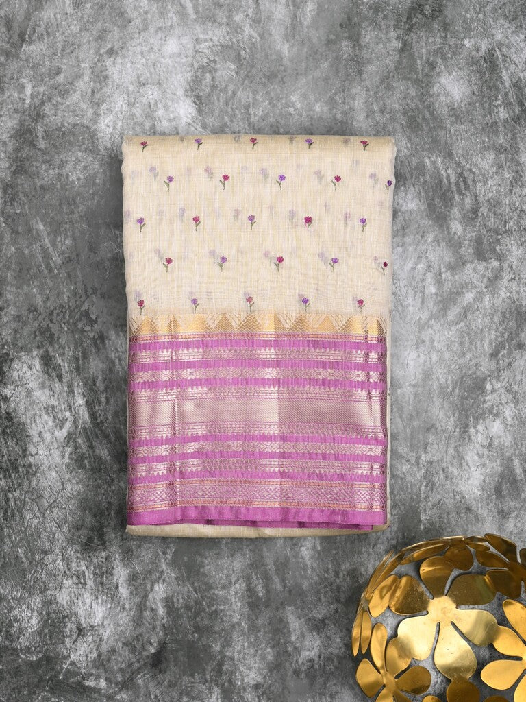 Chanderi fancy saree cream color allover zari motifs & zari border with zari pallu and attached contrast plain blouse