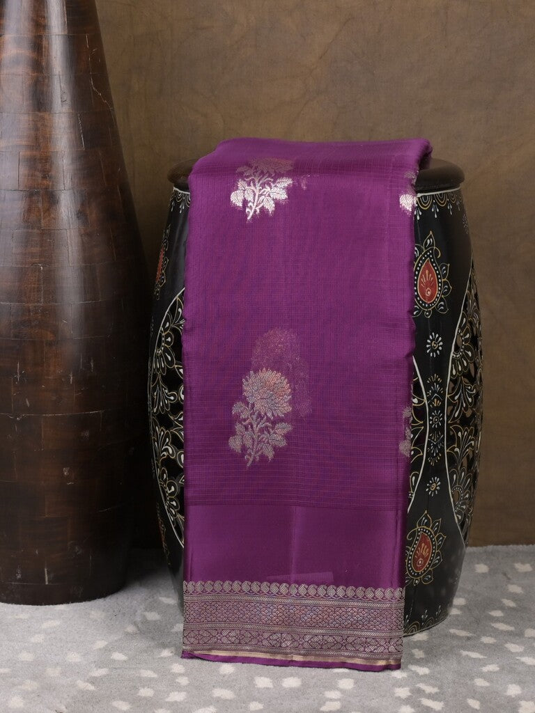 Pure kota fancy saree violet color allover zari motifs & zari border with rich pallu and attached blouse