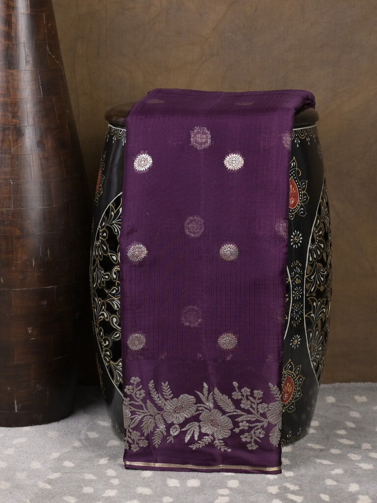 Pure kota fancy saree dark wine color allover zari motifs & zari border with rich pallu and attached blouse