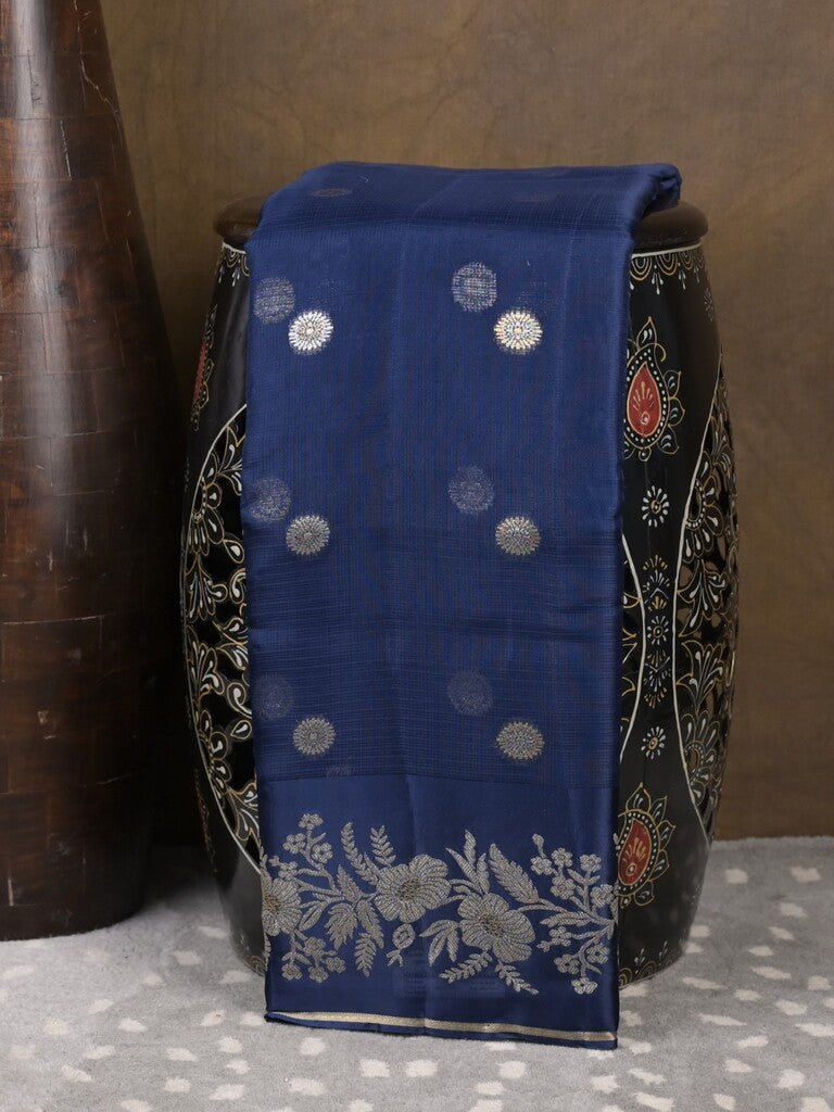 Pure kota fancy saree navy blue color allover zari motifs & zari border with rich pallu and attached blouse
