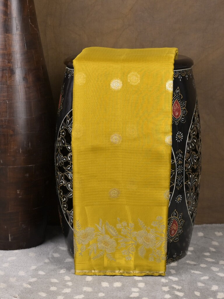 Pure kota fancy saree golden yellow color allover zari motifs & zari border with rich pallu and attached blouse