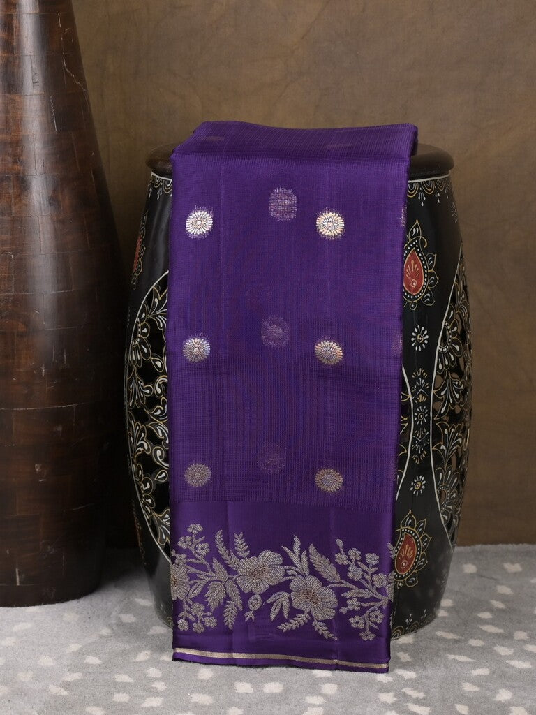 Pure kota fancy saree royal blue color allover zari motifs & zari border with rich pallu and attached blouse