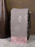 Chanderi fancy saree grey color allover zari motifs & zari border with self pallu and plain blouse