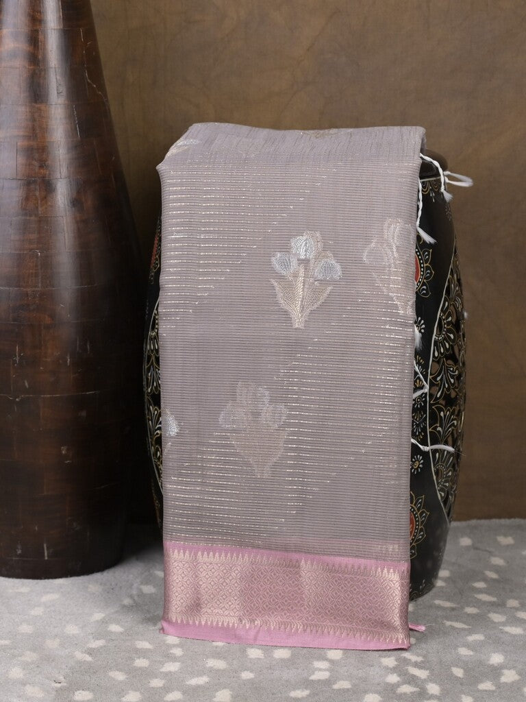 Chanderi fancy saree grey color allover zari motifs & zari border with self pallu and plain blouse