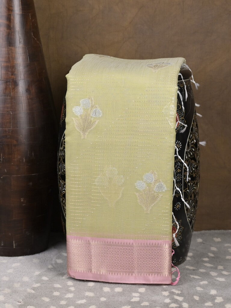 Chanderi fancy saree light snuff color allover zari motifs & zari border with self pallu and plain blouse