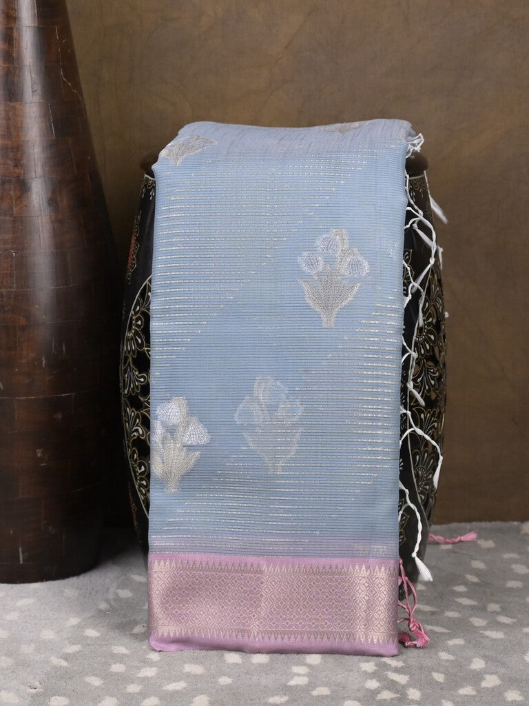 Chanderi fancy saree light blue color allover zari motifs & zari border with self pallu and plain blouse